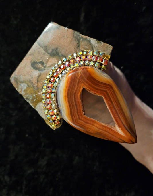 Massive Jasper Slab Rhinestone & Orange Druzy Agate Adjustable Hand Ring, Avant Garde Gemstone Statement Ring