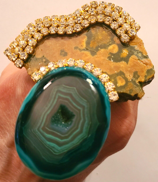 Ocean Jasper Slab Green Druzy Agate Adjustable Hand Ring, Finger Candy Earthy Camouflage Style, Jewelry OOAK Art to Wear