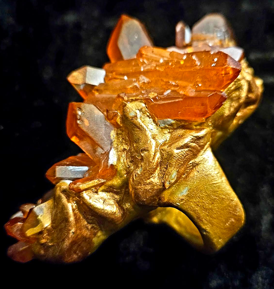 Rough Angel Aura Quartz Crystal Knuckles, Orange Flame Raw Gemstone Sculpted Statement Ring