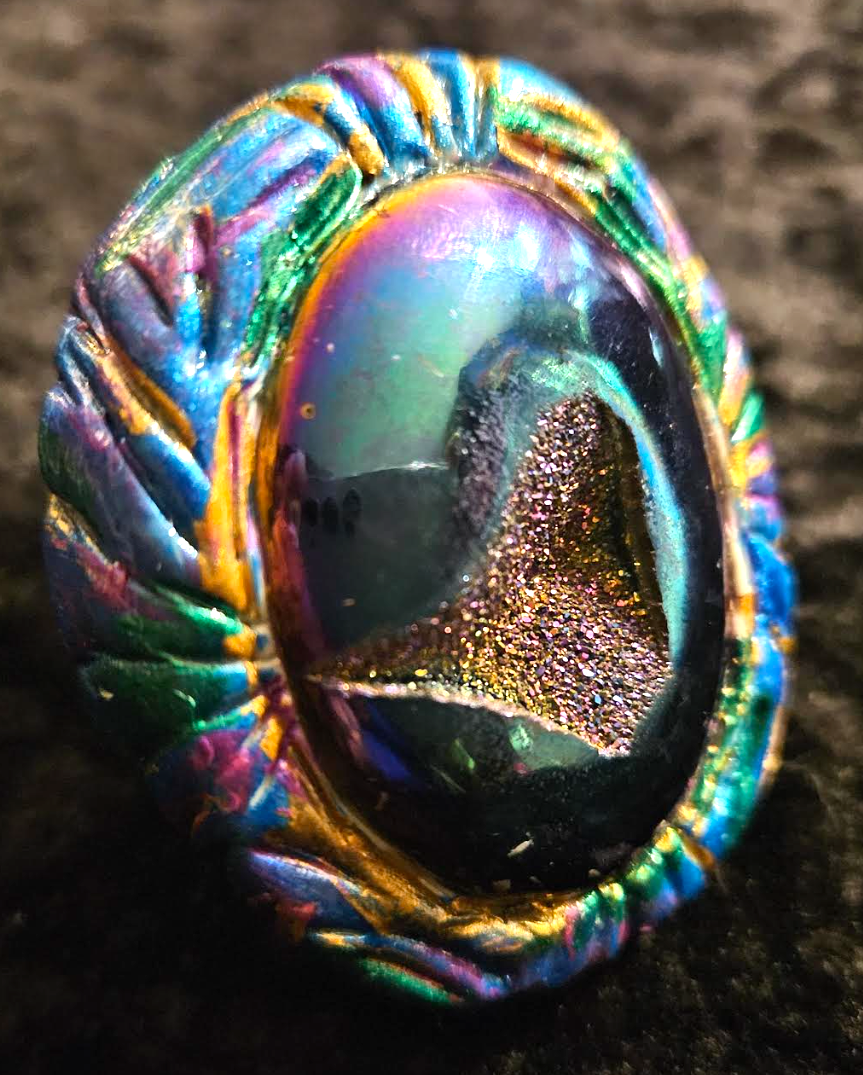 Titanium Druzy Sculpted Statement Ring, Purple Blue Flash Finger Candy Womens Size 8-9