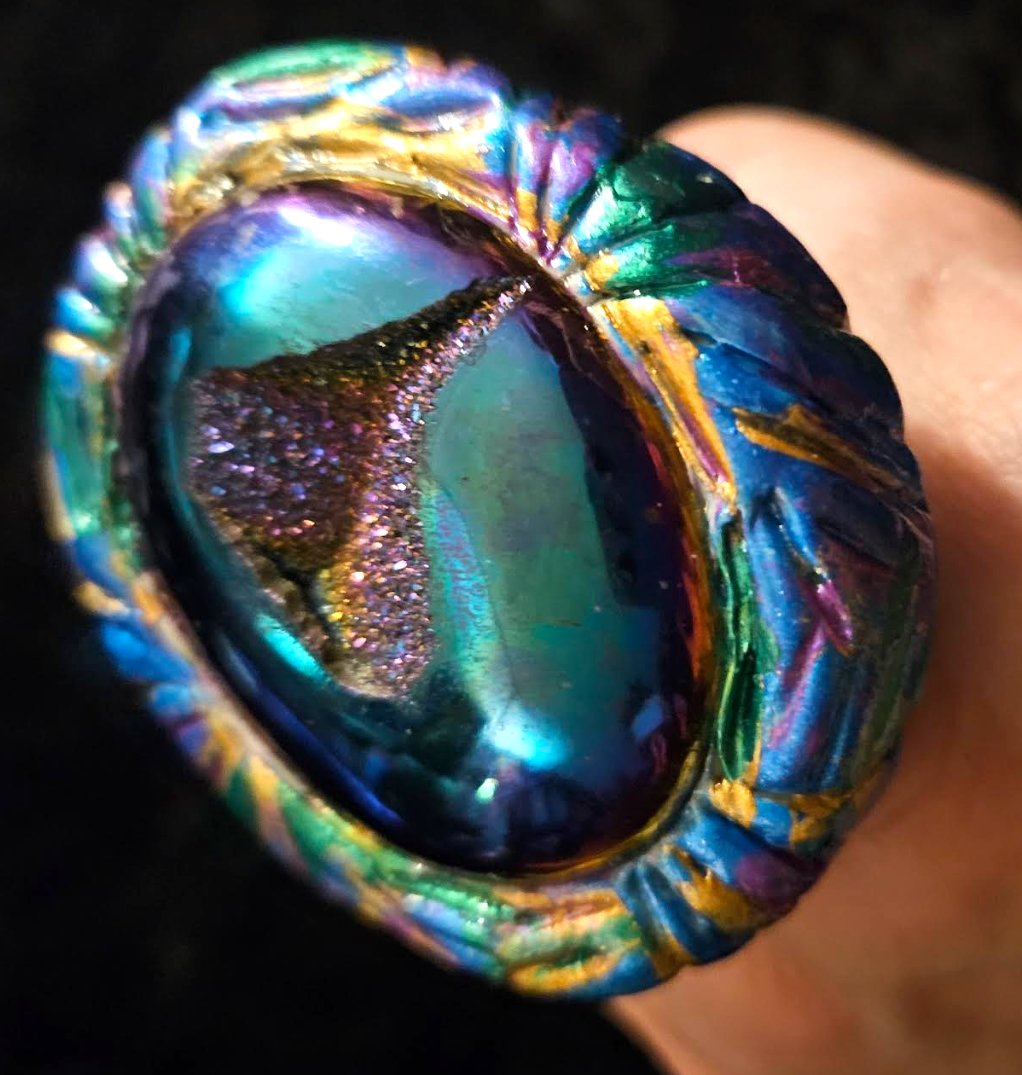 Titanium Druzy Sculpted Statement Ring, Purple Blue Flash Finger Candy Womens Size 8-9