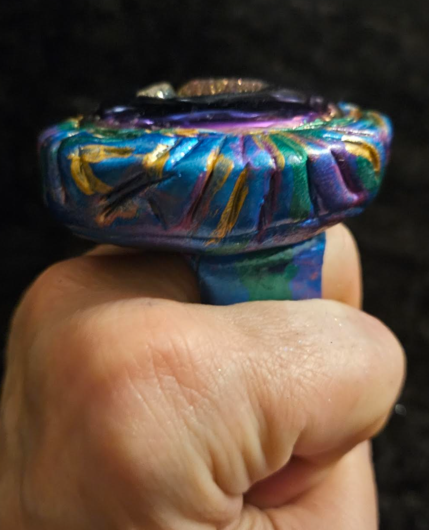 Titanium Druzy Sculpted Statement Ring, Purple Blue Flash Finger Candy Womens Size 8-9