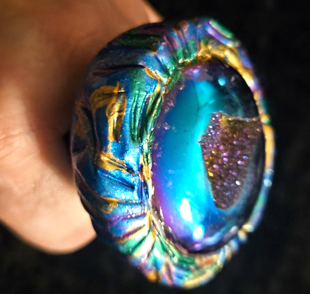 Titanium Druzy Sculpted Statement Ring, Purple Blue Flash Finger Candy Womens Size 8-9