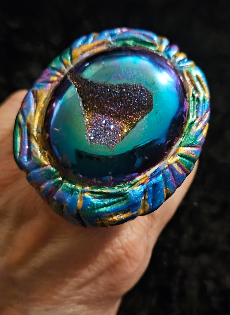 Titanium Druzy Sculpted Statement Ring, Purple Blue Flash Finger Candy Womens Size 8-9