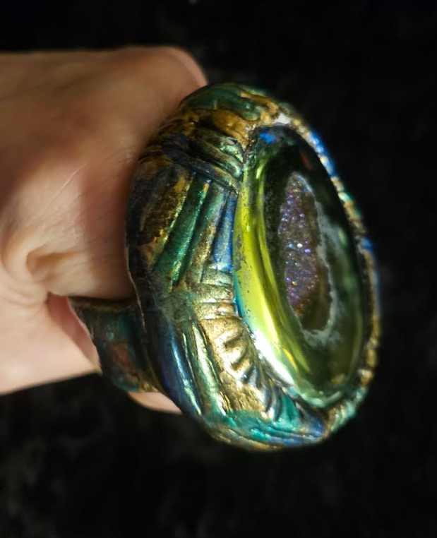 Green Yellow Titanium Druzy Agate Sculpted Statement Ring, Flashy Jewel Tone Cocktail Ring, Gaudy Jewelry Unisex