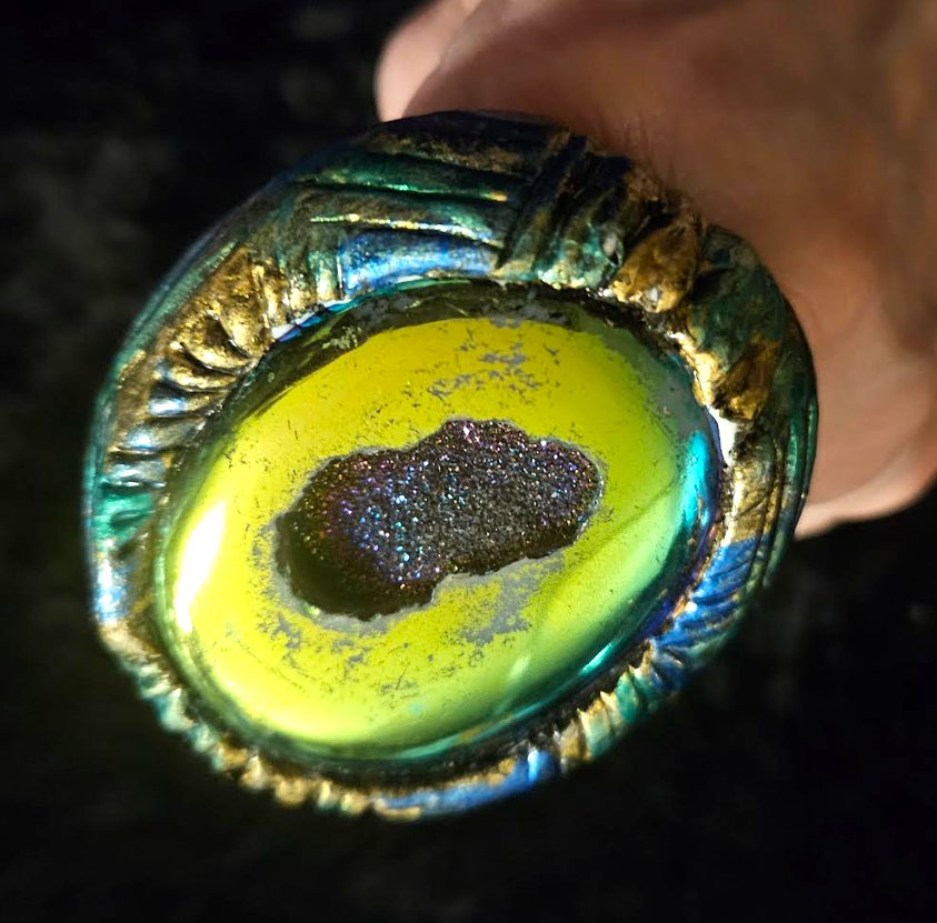 Green Yellow Titanium Druzy Agate Sculpted Statement Ring, Flashy Jewel Tone Cocktail Ring, Gaudy Jewelry Unisex