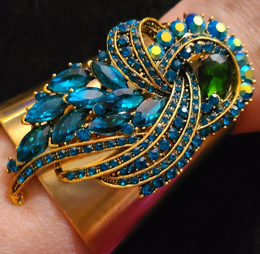 Wide Brass Cuff With Blue Green Aurora Borealis Rhinestone Jewel, Teal Diamante Bangle, Bejeweled Wrist Candy