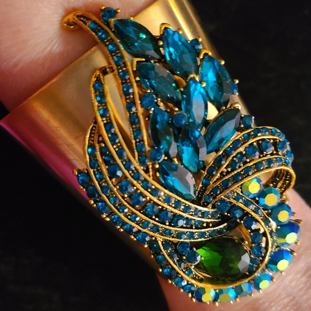 Wide Brass Cuff With Blue Green Aurora Borealis Rhinestone Jewel, Teal Diamante Bangle, Bejeweled Wrist Candy