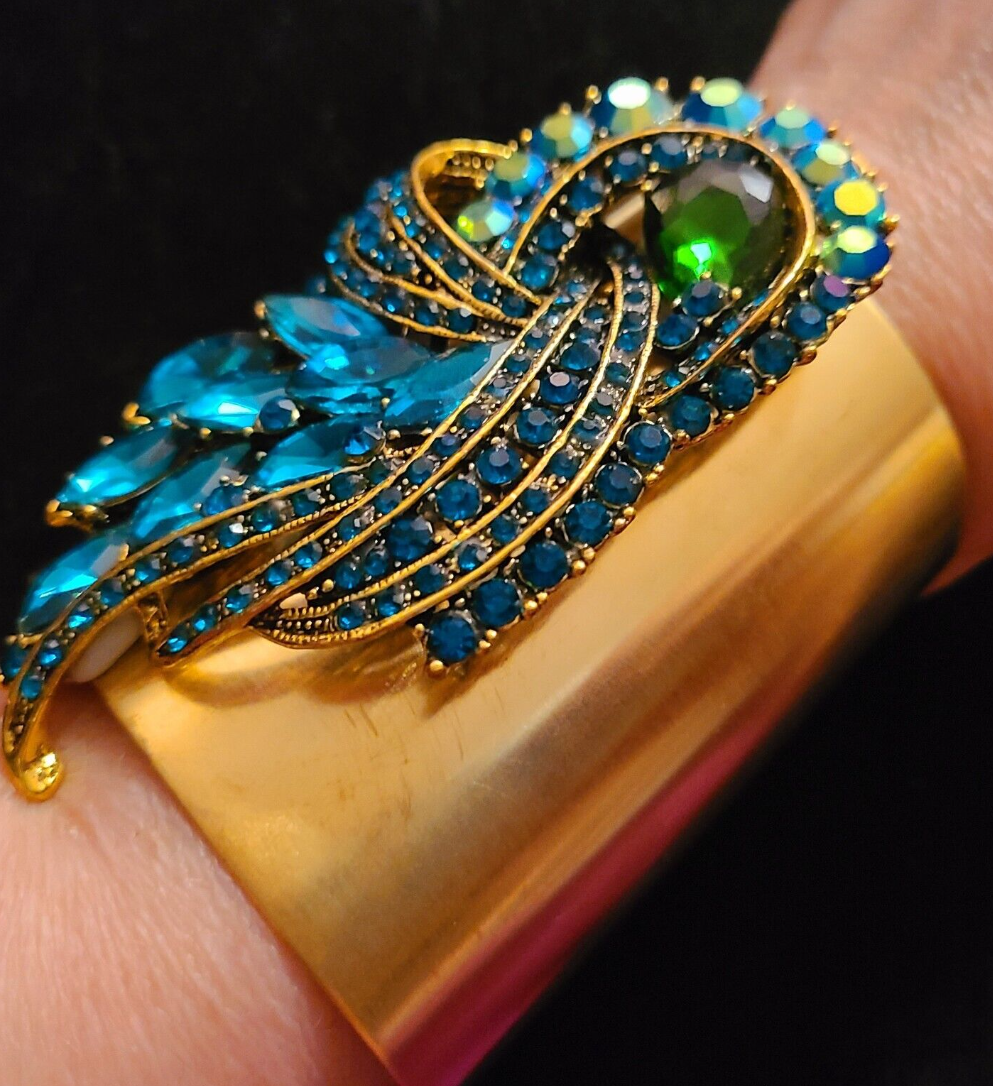 Wide Brass Cuff With Blue Green Aurora Borealis Rhinestone Jewel, Teal Diamante Bangle, Bejeweled Wrist Candy