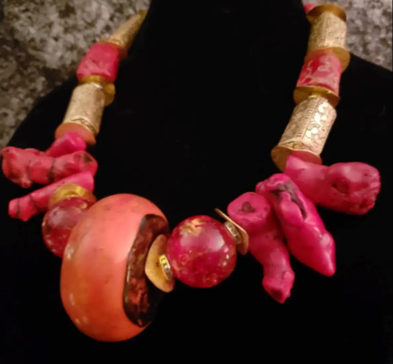 Huge coral & Resin Socialite Statement Necklace, Bold Chunky Heavy Neck Candy, Red Orange Gold Luxury Choker