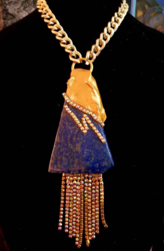 Sculpted Lapis Lazuli & Rhinestone Art Deco Pendant, Blue Gold Citrine Gemstone Amulet, Jeans Jewelry