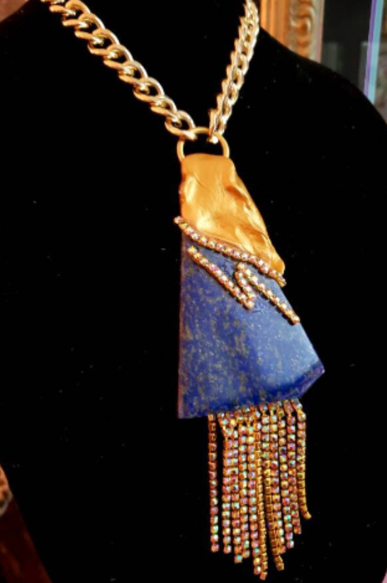 Sculpted Lapis Lazuli & Rhinestone Art Deco Pendant, Blue Gold Citrine Gemstone Amulet, Jeans Jewelry