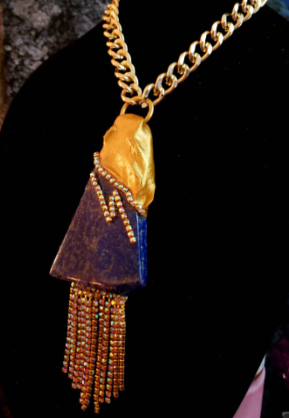 Sculpted Lapis Lazuli & Rhinestone Art Deco Pendant, Blue Gold Citrine Gemstone Amulet, Jeans Jewelry