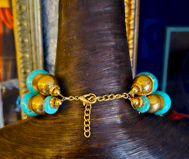 Blue Green Magnesite Brass & Chain Statement Choker, Avant Garde Blue Gold Chest Piece, Runway Ready Jewelry