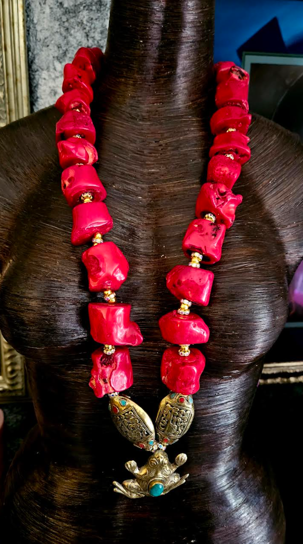 Luxury Red Branch Coral Nugget Rope with Tibetan Frog Pendant, Bold Chunky Heavy High End Gemstone Statement Necklace, Iris Apfel Style Neck Candy