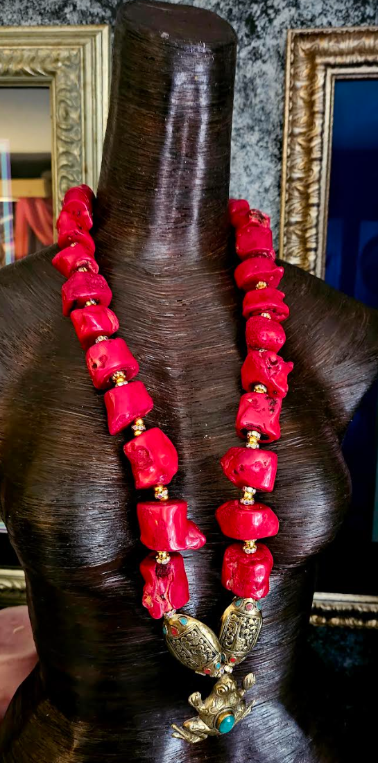 Luxury Red Branch Coral Nugget Rope with Tibetan Frog Pendant, Bold Chunky Heavy High End Gemstone Statement Necklace, Iris Apfel Style Neck Candy