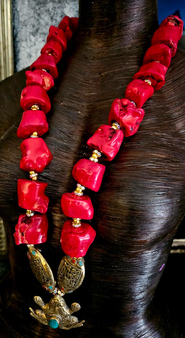 Luxury Red Branch Coral Nugget Rope with Tibetan Frog Pendant, Bold Chunky Heavy High End Gemstone Statement Necklace, Iris Apfel Style Neck Candy