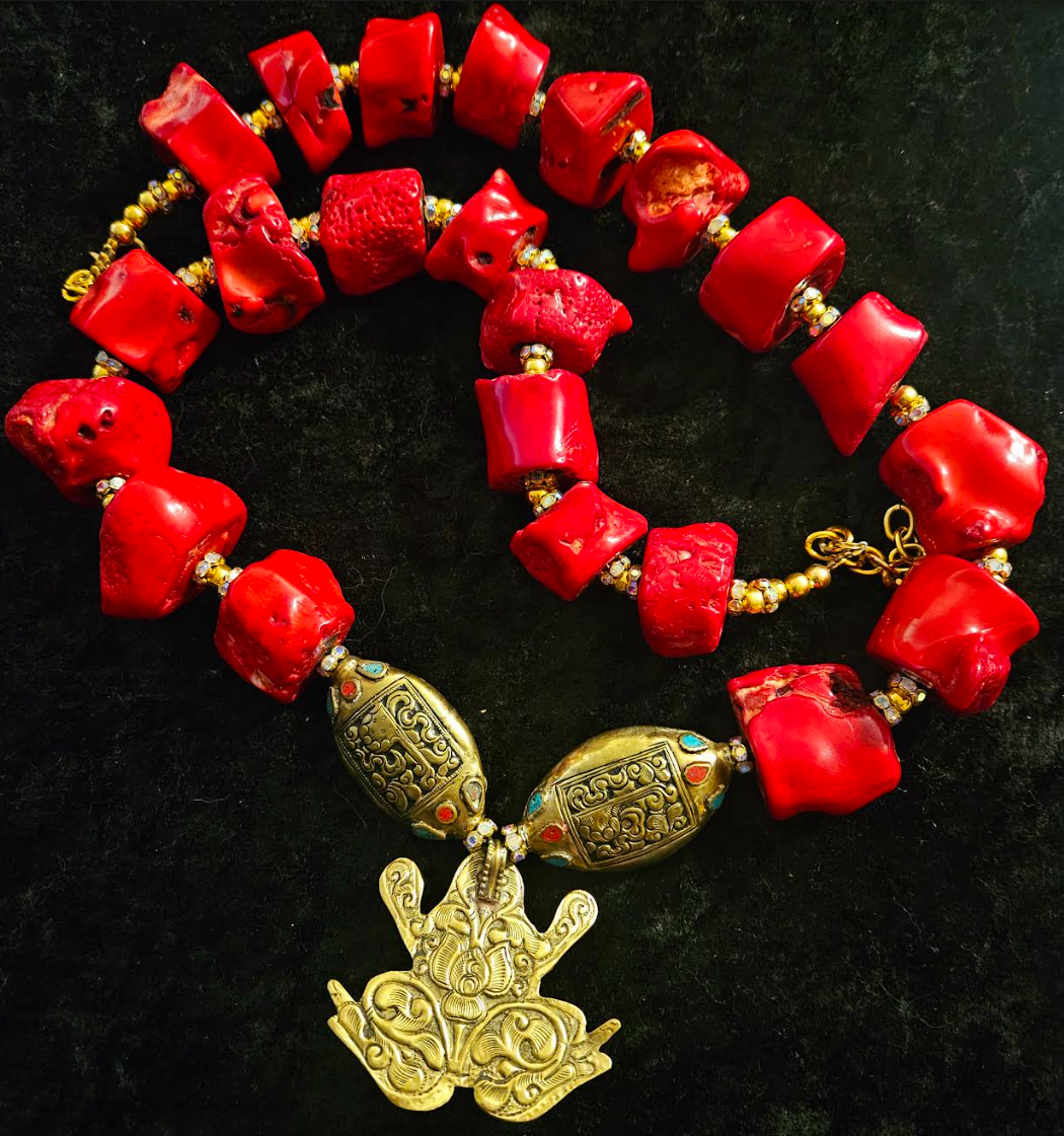 Luxury Red Branch Coral Nugget Rope with Tibetan Frog Pendant, Bold Chunky Heavy High End Gemstone Statement Necklace, Iris Apfel Style Neck Candy