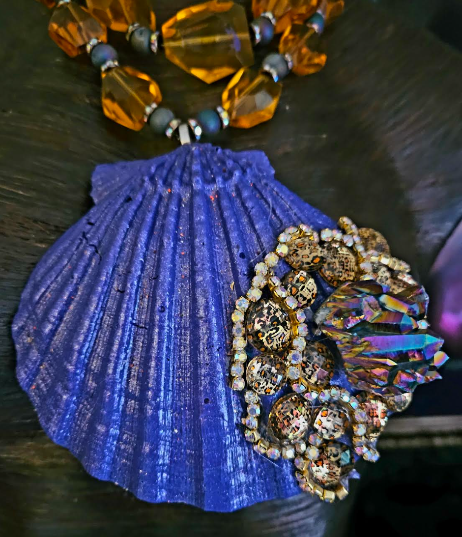 Purple Bejeweled Shell Statement Pendant With Faceted Citrine Necklace, Haute Couture Mermaid Jewelry, OOAK Art to Wear