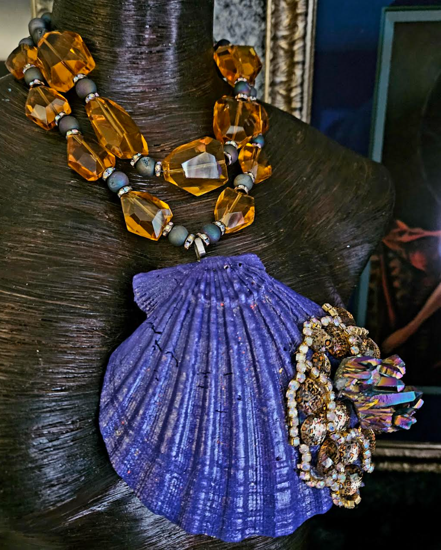 Purple Bejeweled Shell Statement Pendant With Faceted Citrine Necklace, Haute Couture Mermaid Jewelry, OOAK Art to Wear