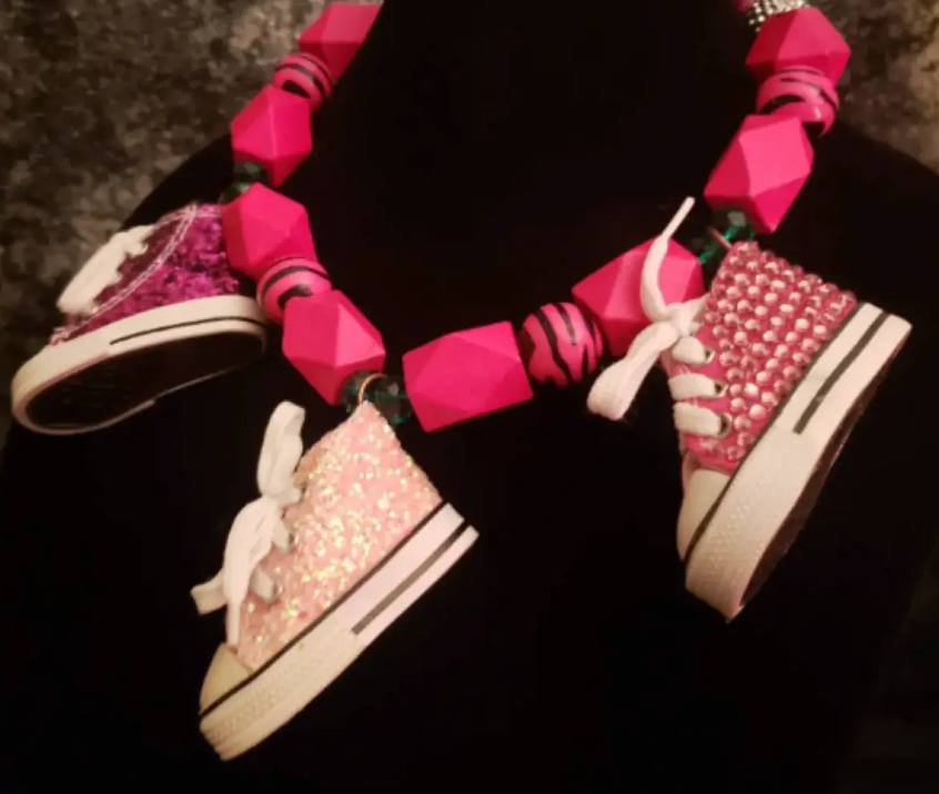 Whimsical Hot Pink Sneaker Statement Necklace, Fuchsia Beaded Choker, OOAK Wearable Art