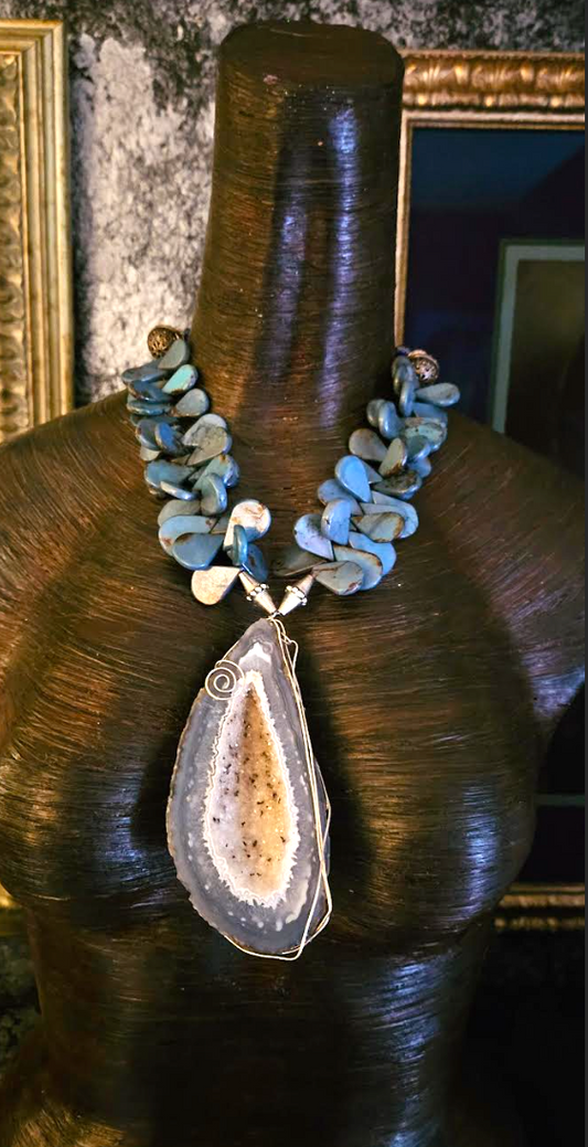 Druzy Geode Wire Wrapped Statement Pendant, Blue Gray Teardrop Slab Statement Necklace, OOAK Art to Wear Jewelry