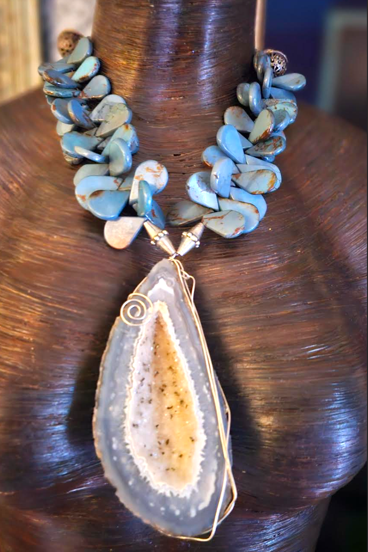 Druzy Geode Wire Wrapped Statement Pendant, Blue Gray Teardrop Slab Statement Necklace, OOAK Art to Wear Jewelry