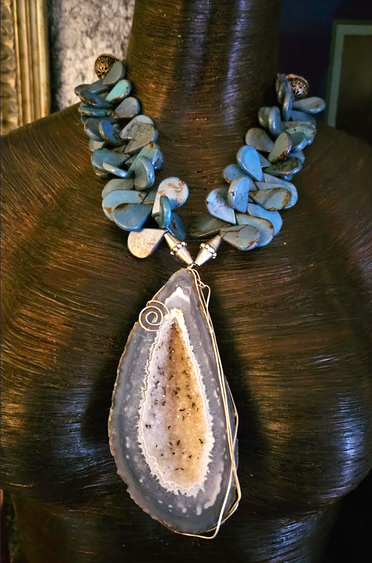 Druzy Geode Wire Wrapped Statement Pendant, Blue Gray Teardrop Slab Statement Necklace, OOAK Art to Wear Jewelry