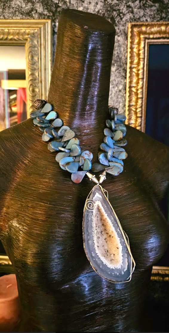 Druzy Geode Wire Wrapped Statement Pendant, Blue Gray Teardrop Slab Statement Necklace, OOAK Art to Wear Jewelry