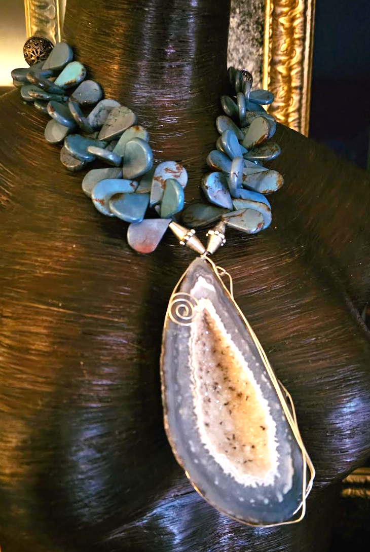 Druzy Geode Wire Wrapped Statement Pendant, Blue Gray Teardrop Slab Statement Necklace, OOAK Art to Wear Jewelry