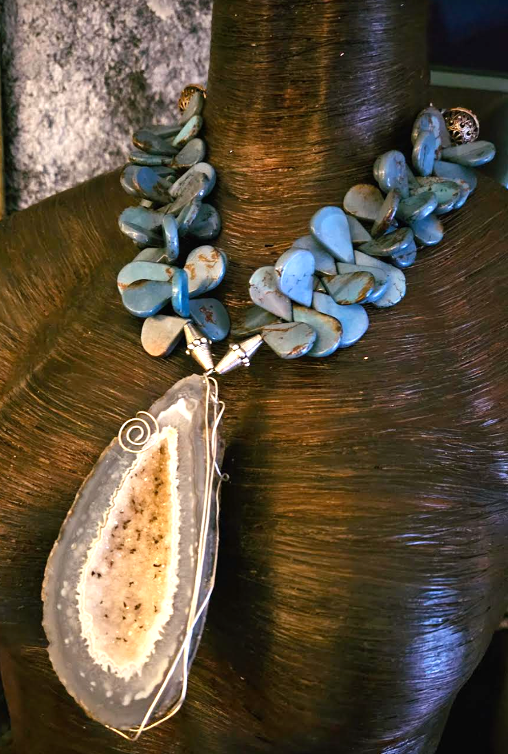 Druzy Geode Wire Wrapped Statement Pendant, Blue Gray Teardrop Slab Statement Necklace, OOAK Art to Wear Jewelry