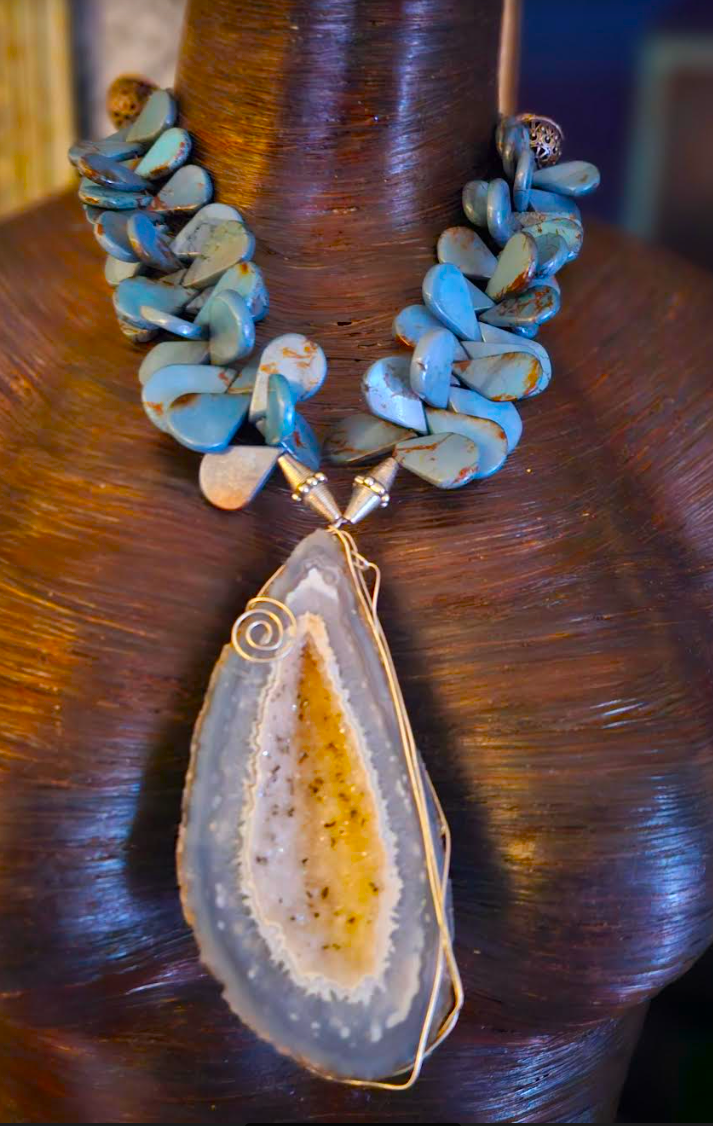 Druzy Geode Wire Wrapped Statement Pendant, Blue Gray Teardrop Slab Statement Necklace, OOAK Art to Wear Jewelry