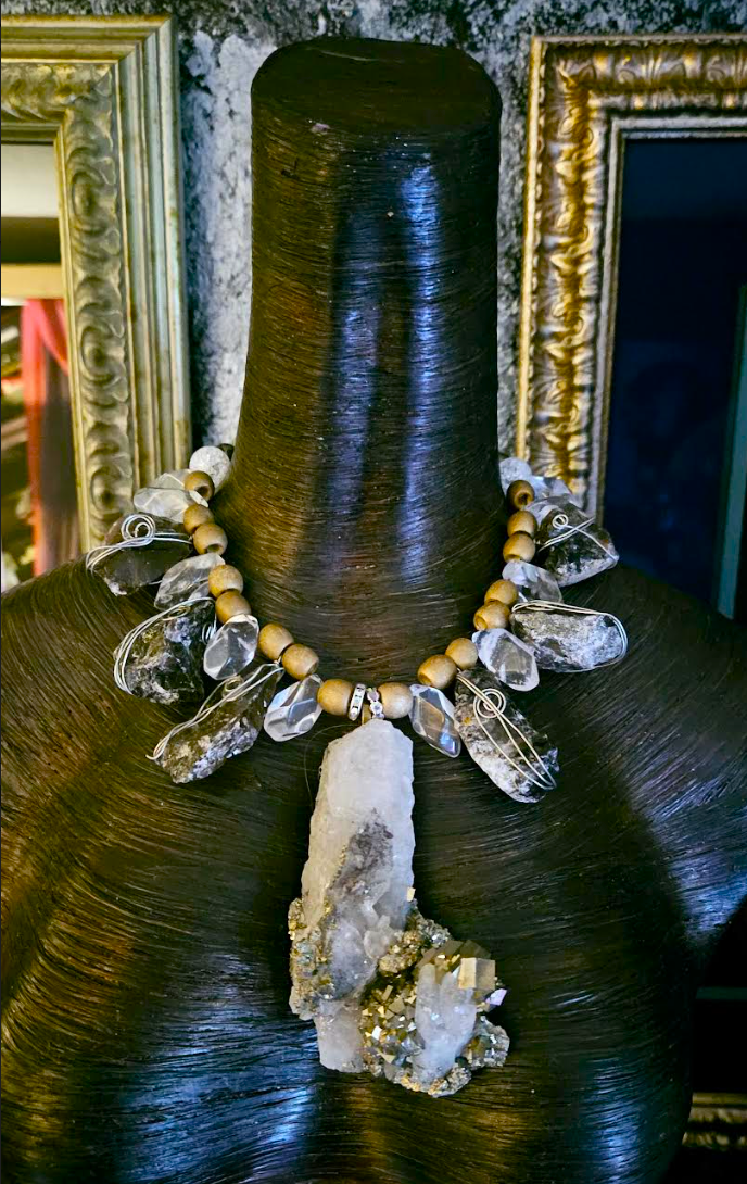 Rough Pyrite & Quartz Gemstone Chest Piece, Exotic Wild Statement Pendant Necklace, Gold Silver White Neck Candy