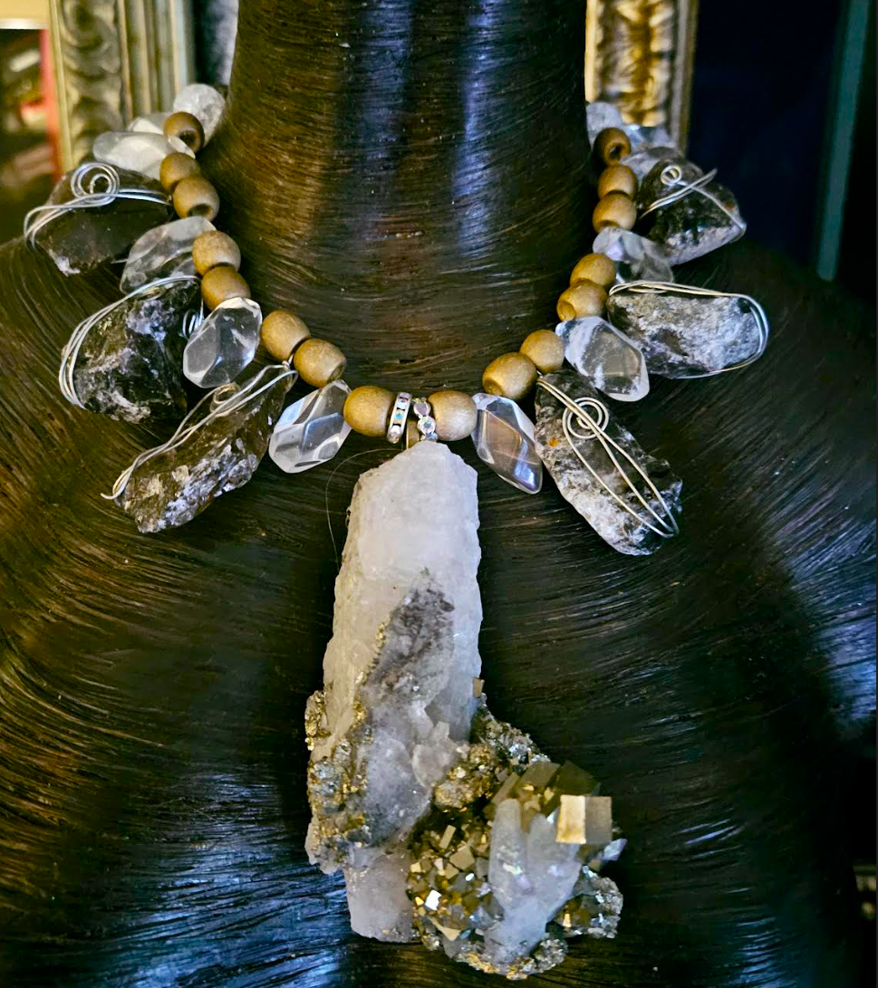 Rough Pyrite & Quartz Gemstone Chest Piece, Exotic Wild Statement Pendant Necklace, Gold Silver White Neck Candy