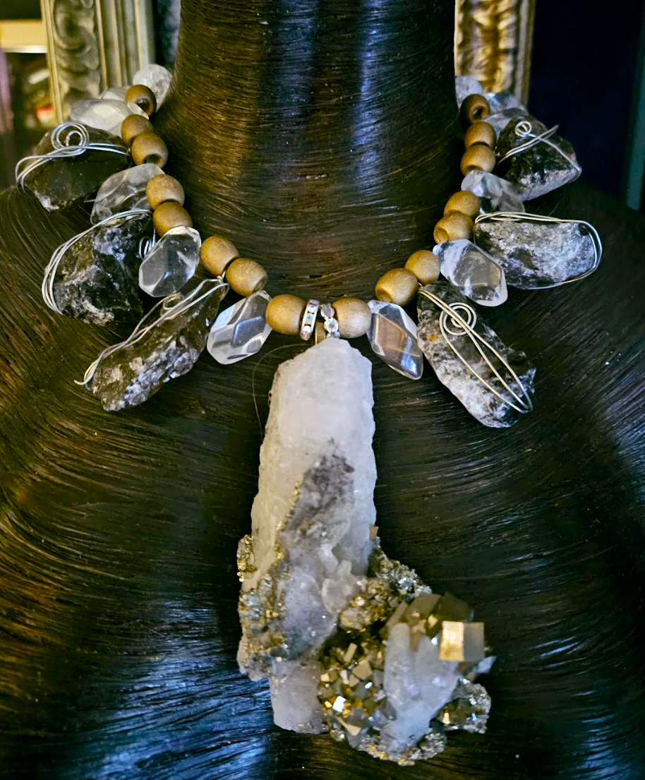 Rough Pyrite & Quartz Gemstone Chest Piece, Exotic Wild Statement Pendant Necklace, Gold Silver White Neck Candy