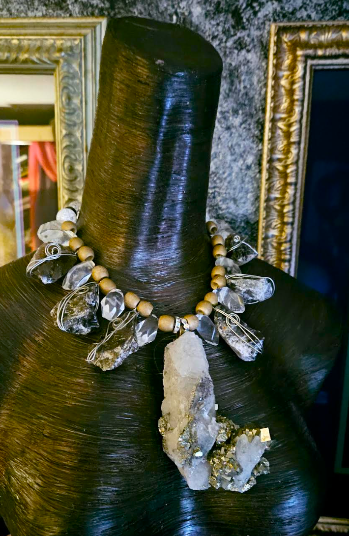 Rough Pyrite & Quartz Gemstone Chest Piece, Exotic Wild Statement Pendant Necklace, Gold Silver White Neck Candy