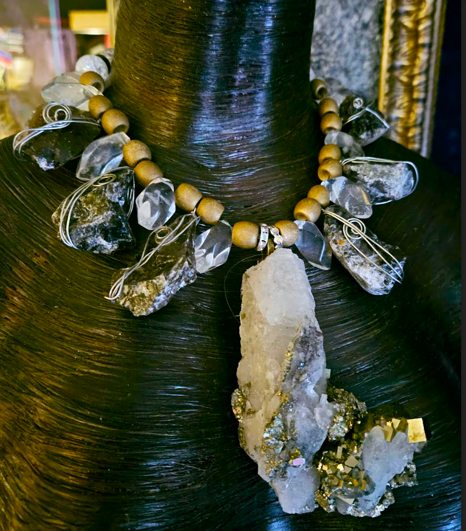 Rough Pyrite & Quartz Gemstone Chest Piece, Exotic Wild Statement Pendant Necklace, Gold Silver White Neck Candy