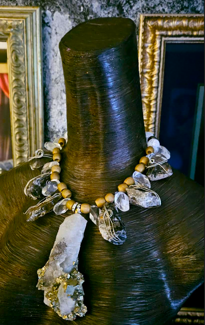 Rough Pyrite & Quartz Gemstone Chest Piece, Exotic Wild Statement Pendant Necklace, Gold Silver White Neck Candy