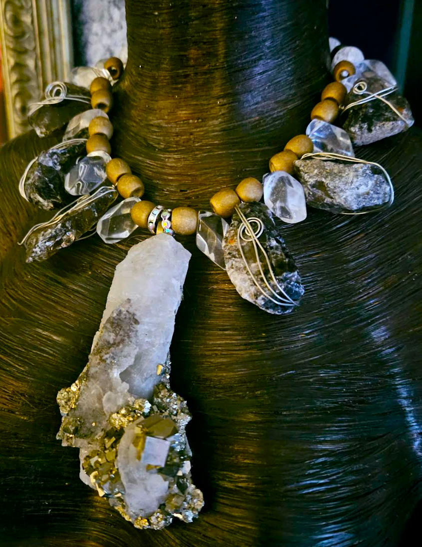 Rough Pyrite & Quartz Gemstone Chest Piece, Exotic Wild Statement Pendant Necklace, Gold Silver White Neck Candy