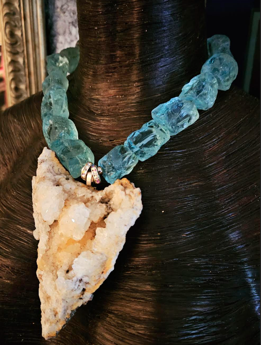 Druzy Crystal Pendant On Faceted Aquamarine Rough Glass Necklace