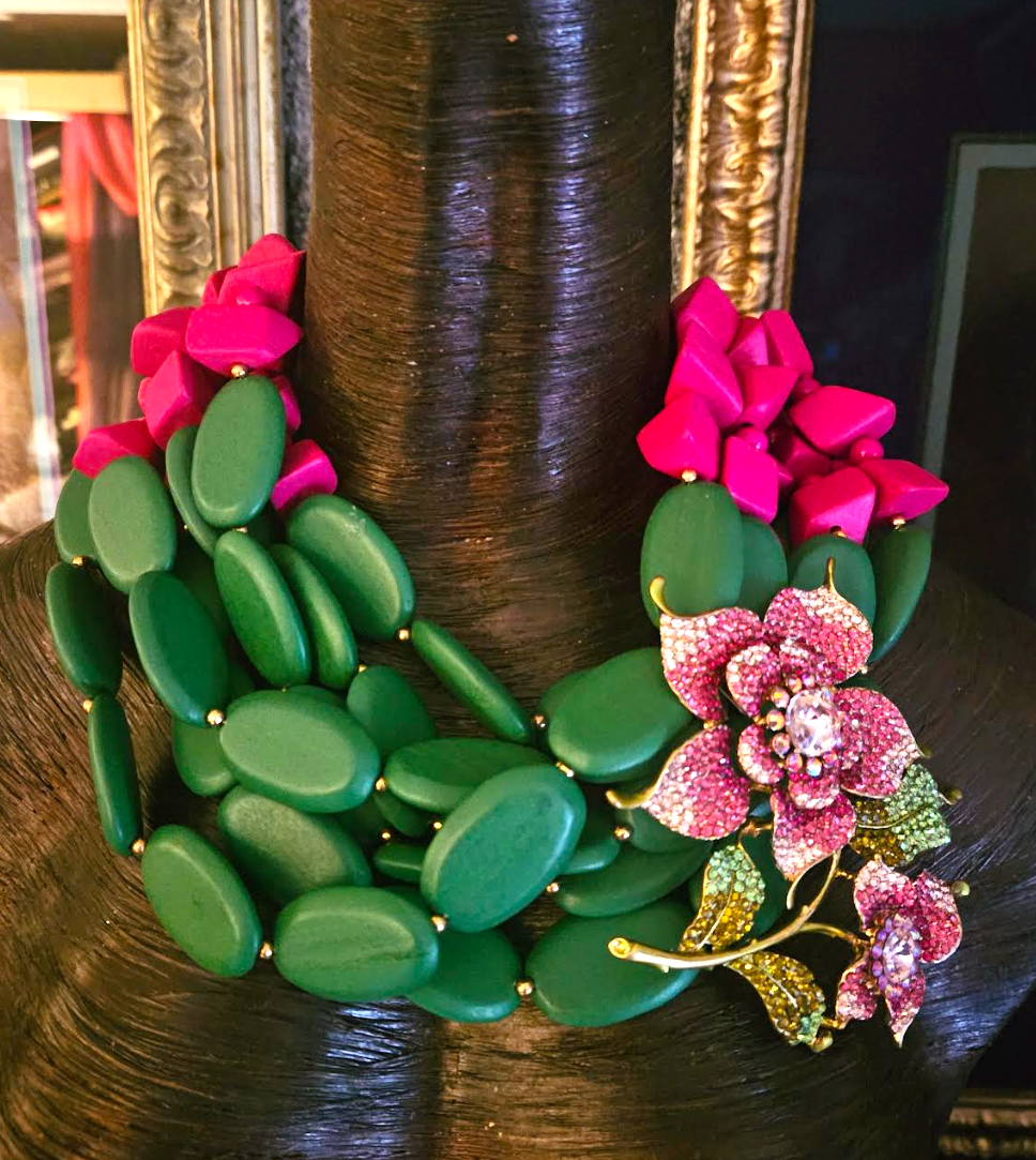 Green & Pink Wood Statement Necklace With Detachable Jeweled Flower, Wood Beaded Multi Strand Neck Candy, Socialite Jewelry