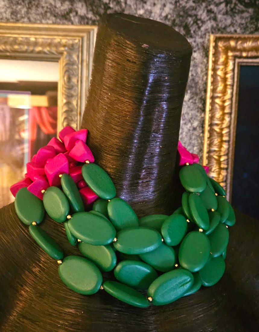 Green & Pink Wood Statement Necklace With Detachable Jeweled Flower, Wood Beaded Multi Strand Neck Candy, Socialite Jewelry