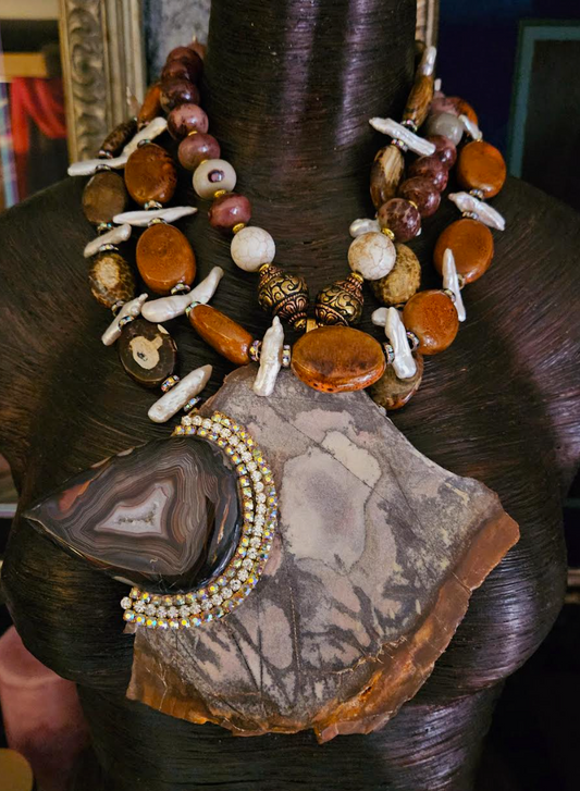 Earth Tone Bead Freshwater Pearl & Porcelain Statement Necklace, Jasper Slab Druzy Agate Pendant, Autumn OOAK Wearable Art