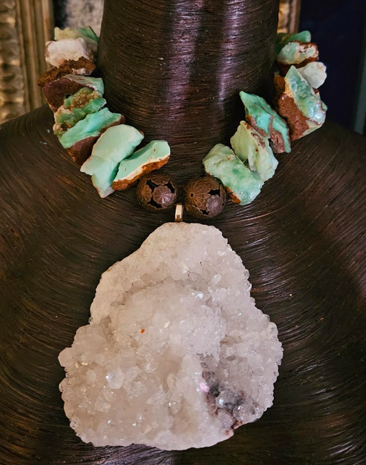 Rough Chrysoprase Necklace With Apophyllite Pendant, Gemstone Jewelry for Petite Women