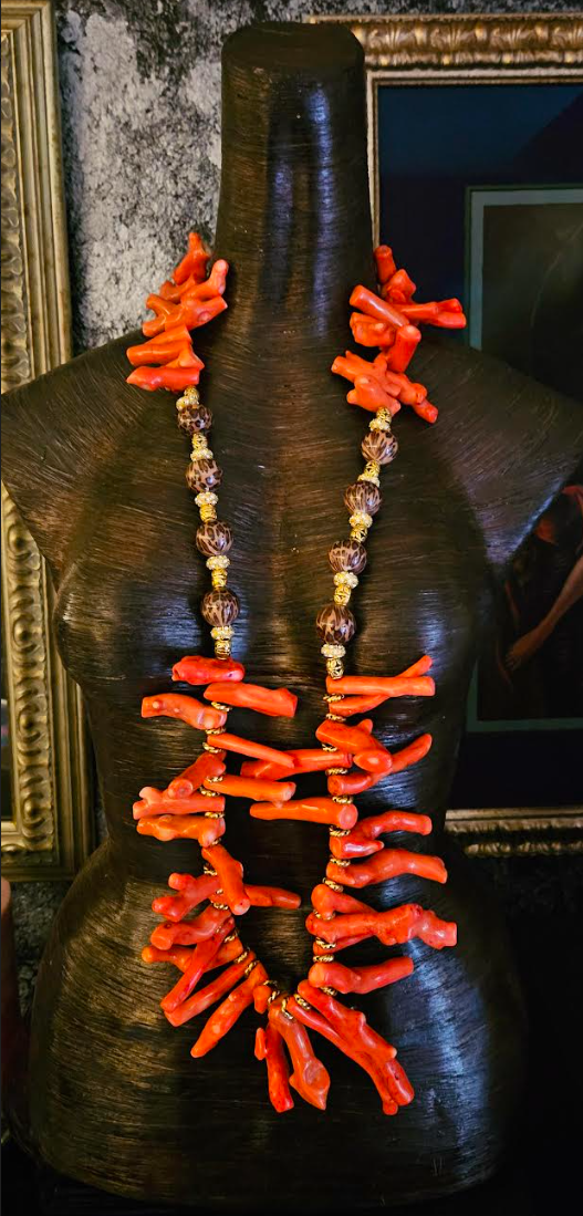 Orange Branch Coral Statement Rope With Leopard Beads, Autumn Haute Couture Jewelry, Mermaid Loves