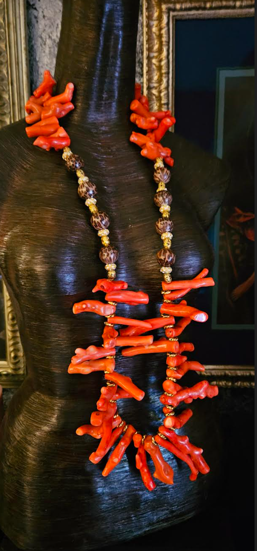 Orange Branch Coral Statement Rope With Leopard Beads, Autumn Haute Couture Jewelry, Mermaid Loves