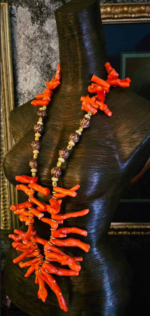 Orange Branch Coral Statement Rope With Leopard Beads, Autumn Haute Couture Jewelry, Mermaid Loves