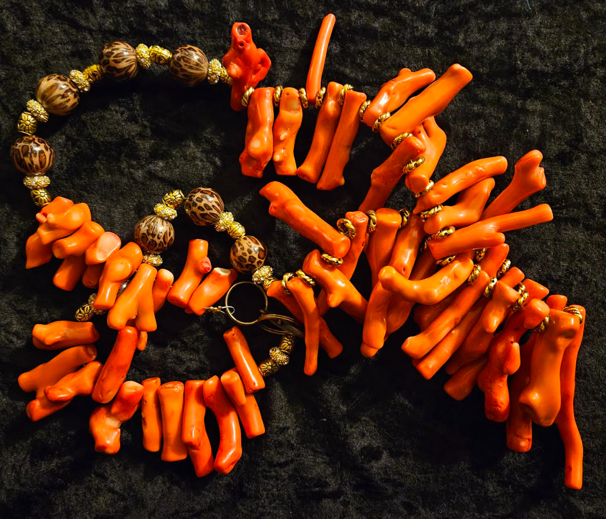 Orange Branch Coral Statement Rope With Leopard Beads, Autumn Haute Couture Jewelry, Mermaid Loves