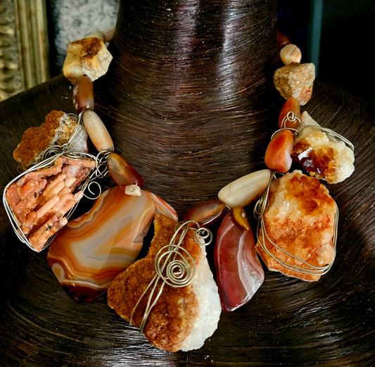 Rough & Polished Agate Artisan Statement Necklace, Redhead Jewelry, Boho Couture Neck Candy