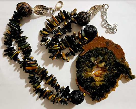 Deep Brown Agate Slice & Polished Tiger's Eye Asymmetrical Pendant Statement Necklace, Exotic Gemstone Chest Piece